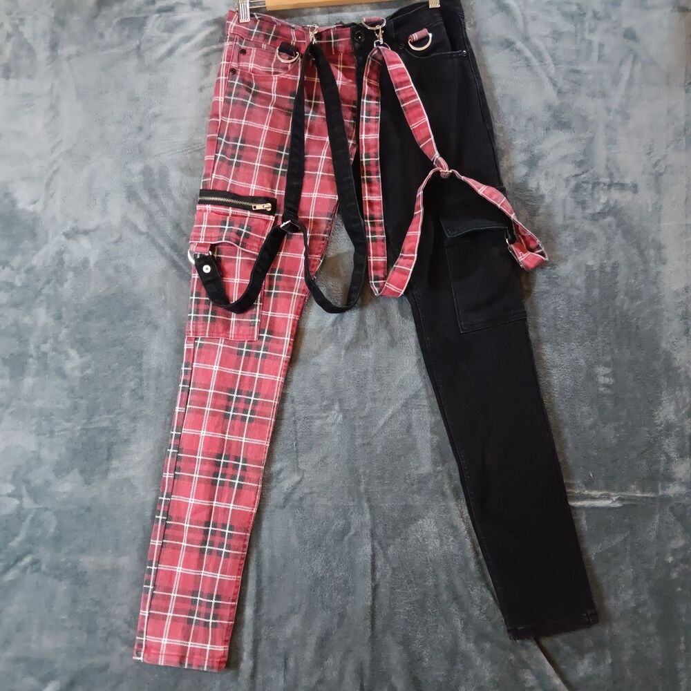 HT Denim Stinger Jeans Men 32x30 Split Plaid Black Red Goth Emo Punk Alt Skinny